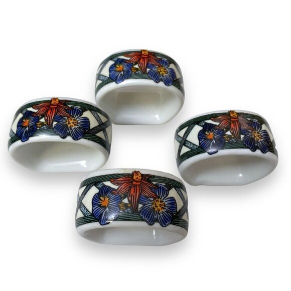 DANSK Napkin Rings Set of 4 Ceramic Nordic Garden Floral with Trellis Pattern - Picture 1 of 11